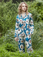 Blauwe Loungewear-set van ijszijde met lange mouwen en bloemenpatroon