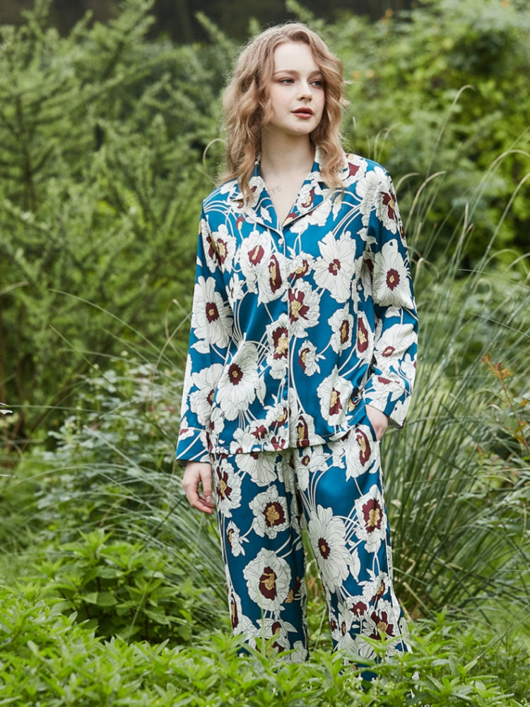 Blauwe Loungewear-set van ijszijde met lange mouwen en bloemenpatroon