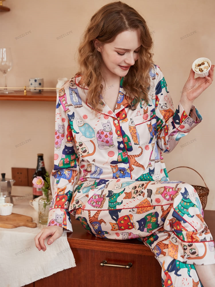 Schattige Kat Print IJszijde Lange Mouw Pyjama Set