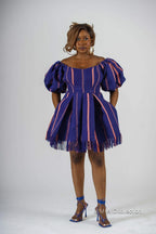 Bisola Mini Dress | Blue Aso Oke African Fashion