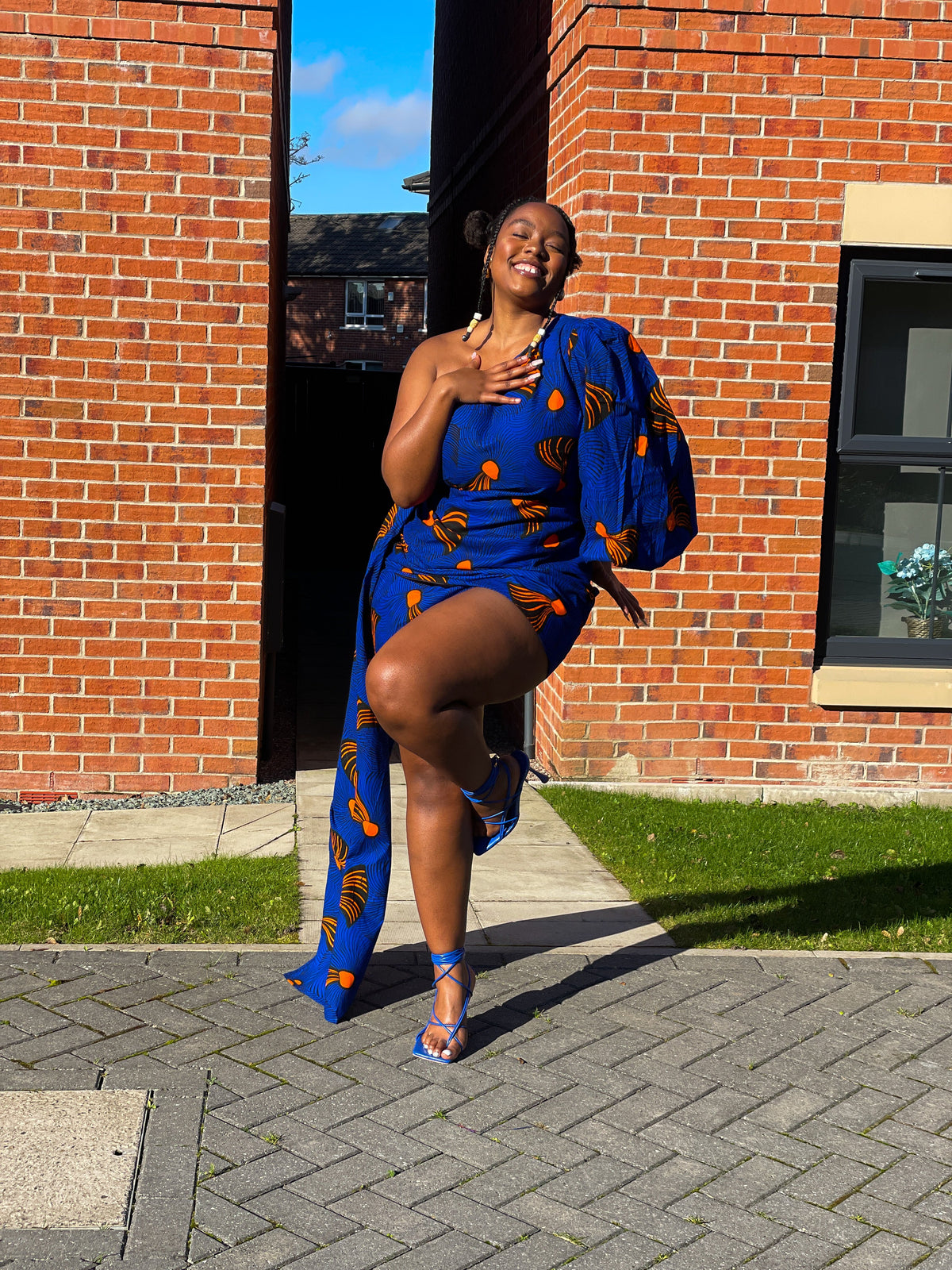 Fina Ankara Short Mini Dress | Blue and Orange African Print
