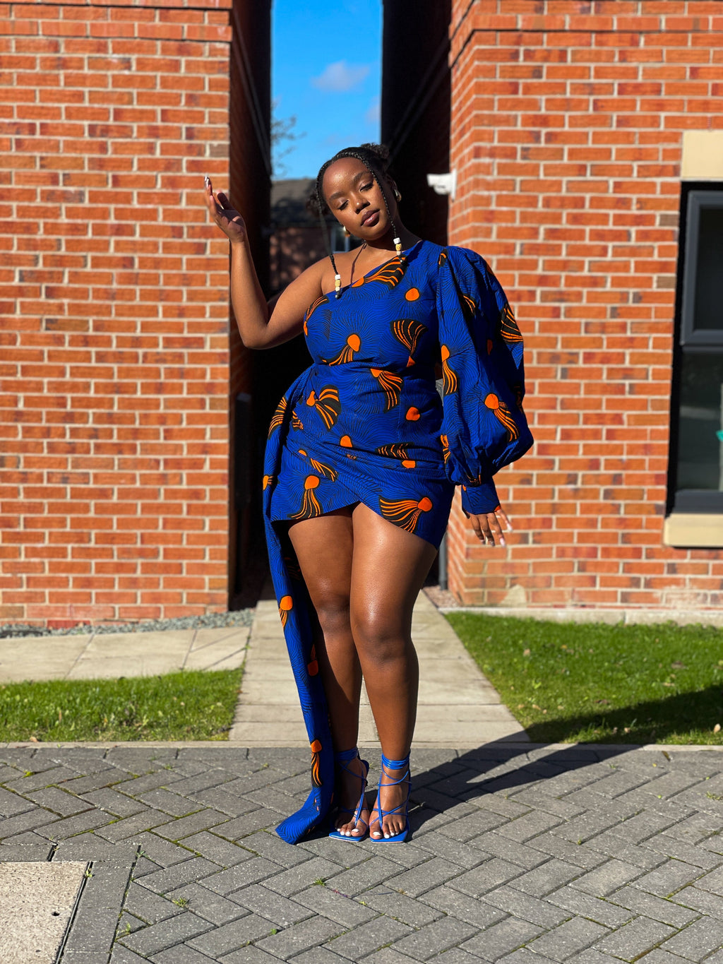 Fina Ankara Short Mini Dress | Blue and Orange African Print