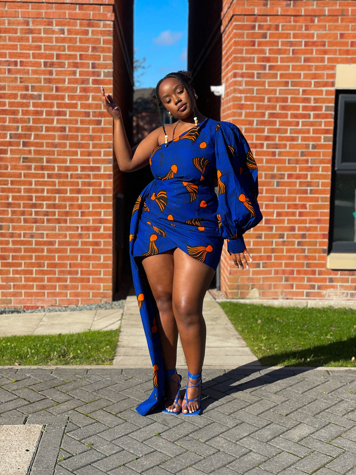 Fina Ankara Short Mini Dress | Blue and Orange African Print