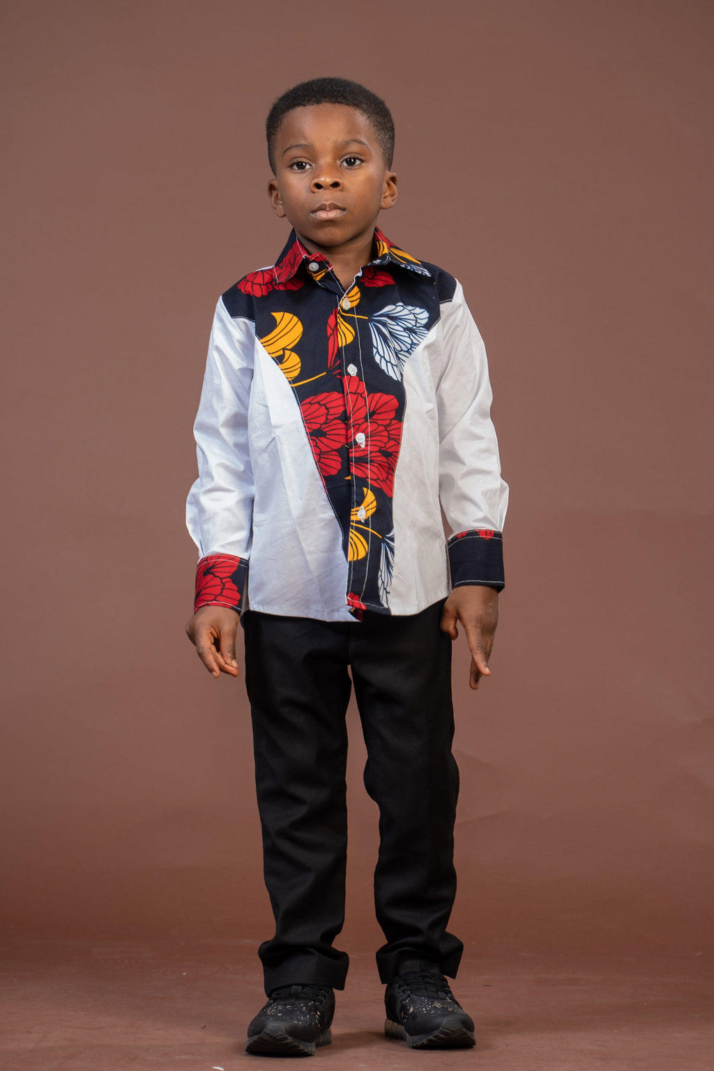 Trey Ankara Mixed Print Boy Shirt | White and African Ankara Print