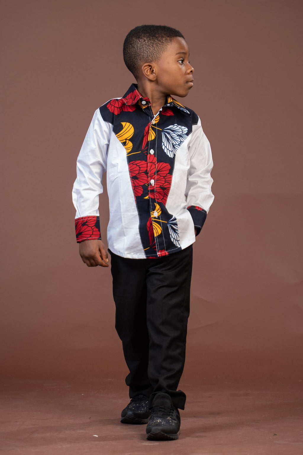 Trey Ankara Mixed Print Boy Shirt | White and African Ankara Print