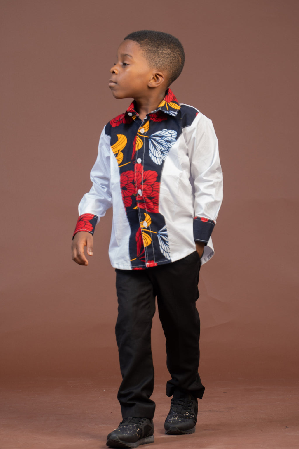 Trey Ankara Mixed Print Boy Shirt | White and African Ankara Print