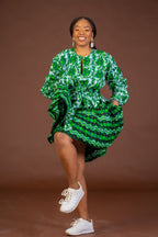 Skyler Ankara Midi Dress | Green and White African Print