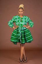 Skyler Ankara Midi Dress | Green and White African Print