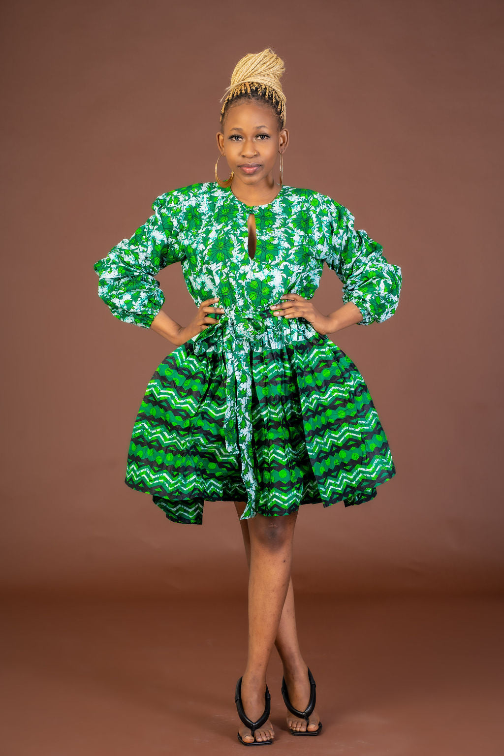Skyler Ankara Midi Dress | Green and White African Print