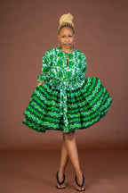 Skyler Ankara Midi Dress | Green and White African Print