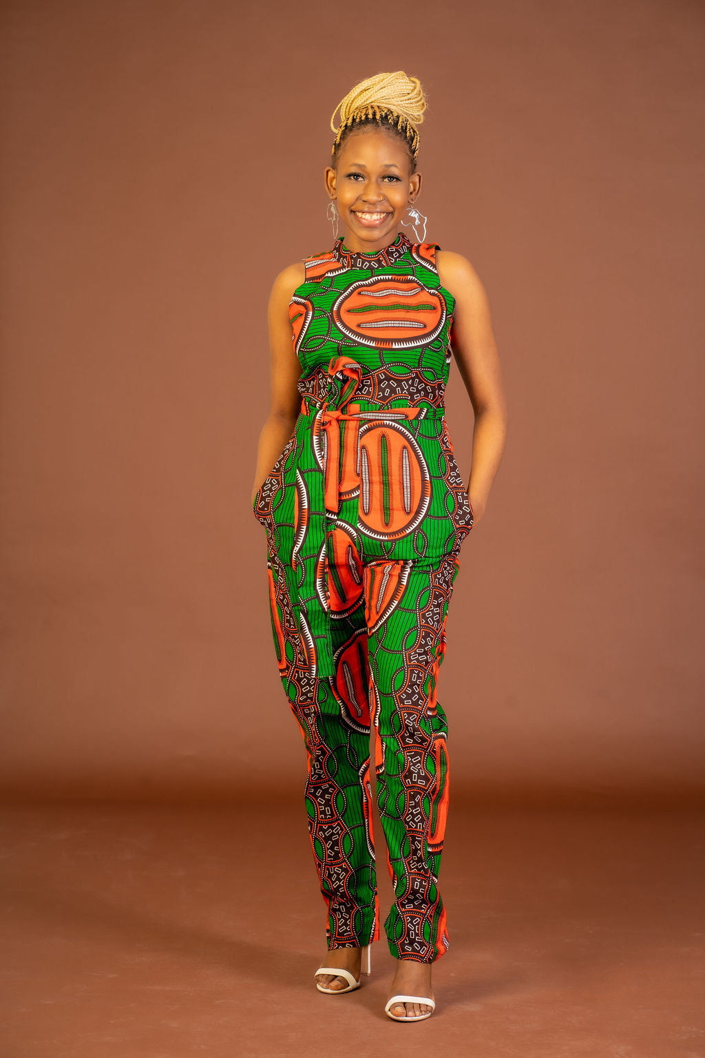 Maggie Ankara Jumpsuit | Green and Orange African Print