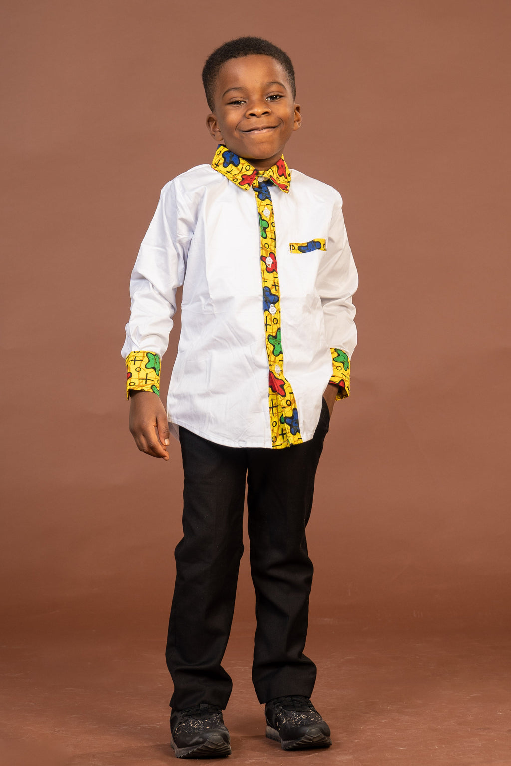 Theodore Mixed Print Boy Shirt | White and African Print