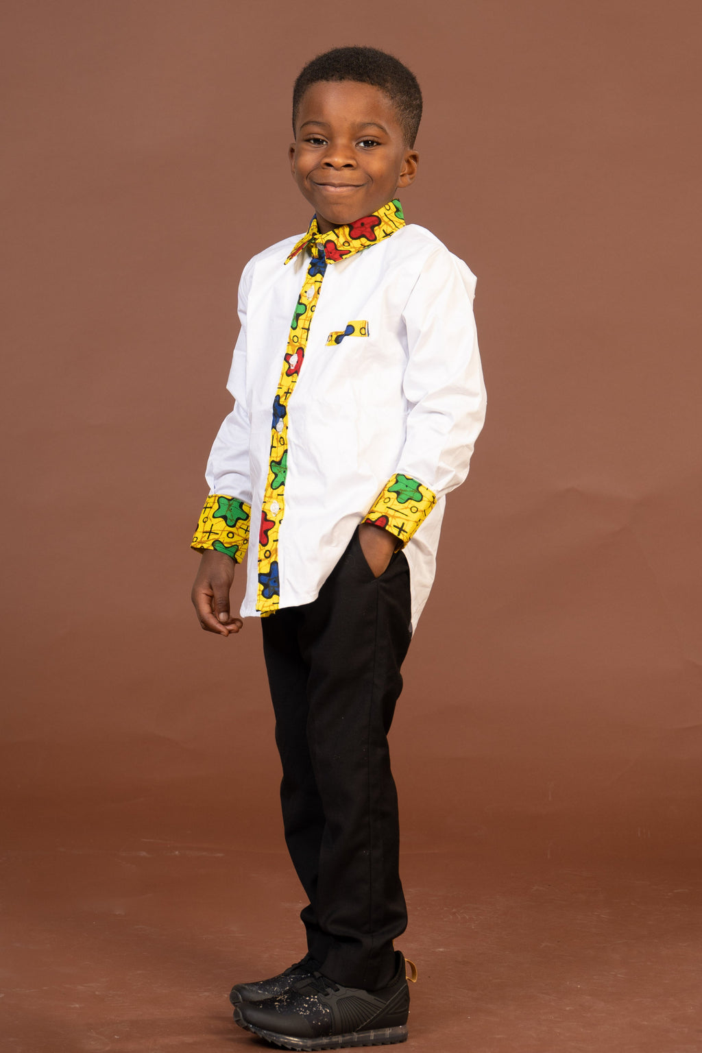 Theodore Mixed Print Boy Shirt | White and African Print