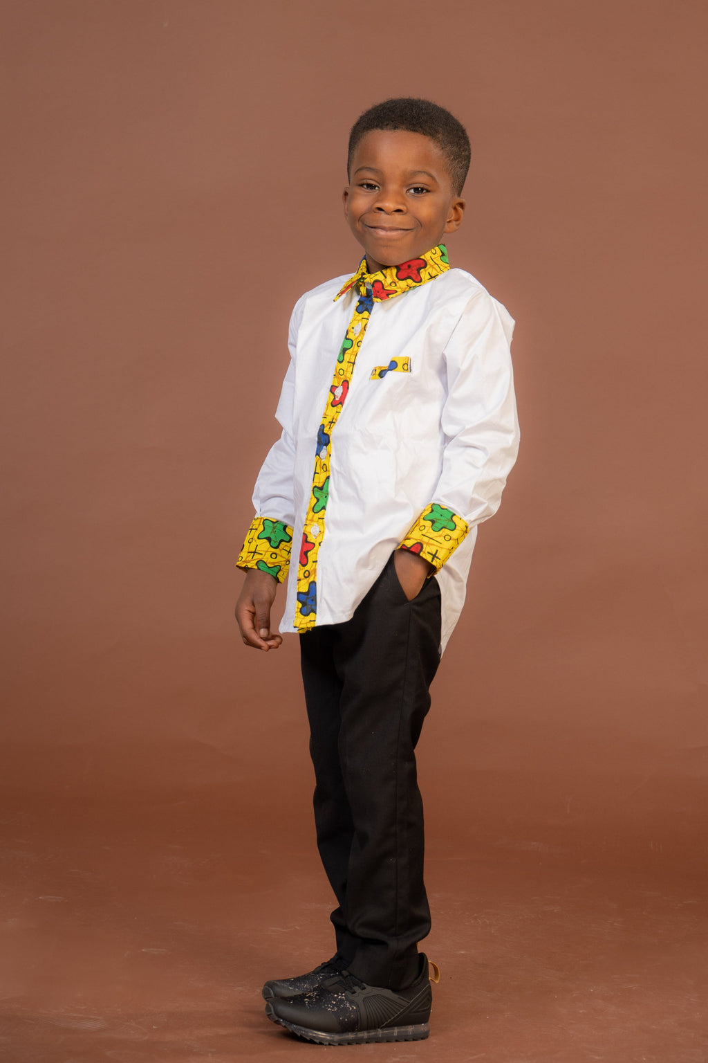 Theodore Mixed Print Boy Shirt | White and African Print