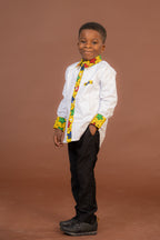 Theodore Mixed Print Boy Shirt | White and African Print