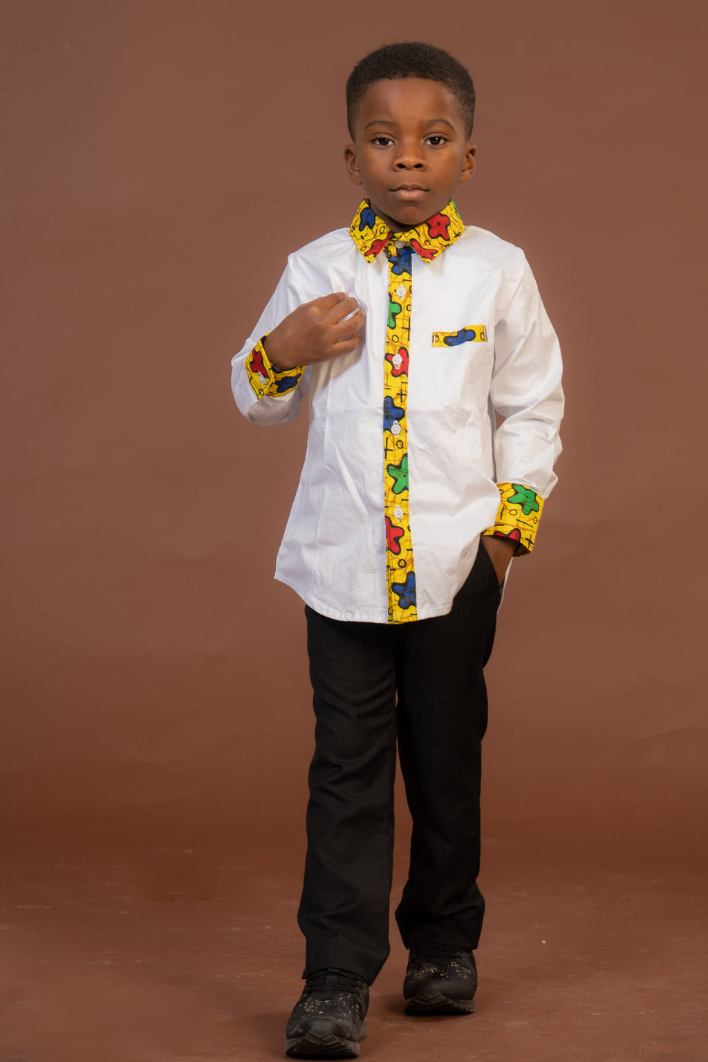 Theodore Mixed Print Boy Shirt | White and African Print