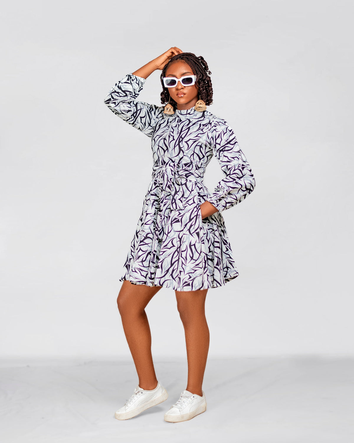 Alessia Ankara Short flare Dress | White & Black African Print