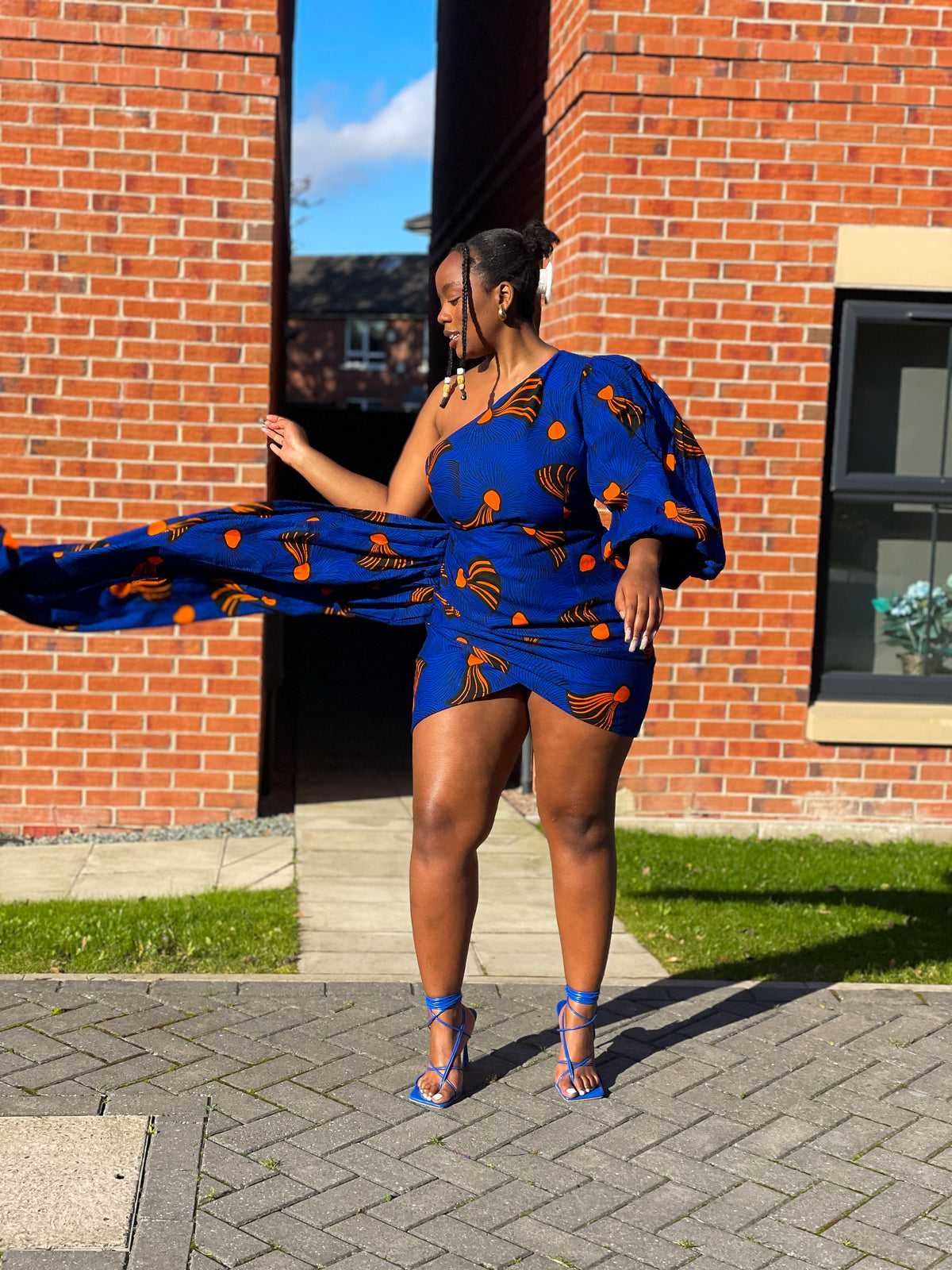 Fina Ankara Short Mini Dress | Blue and Orange African Print
