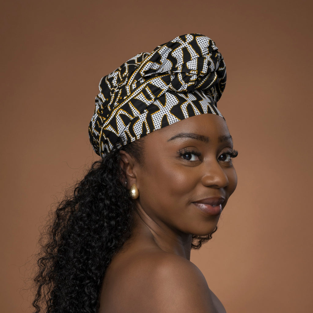 Afrikaanse hoofddoek Zwart Wit Ndop Cameroon - headwrap