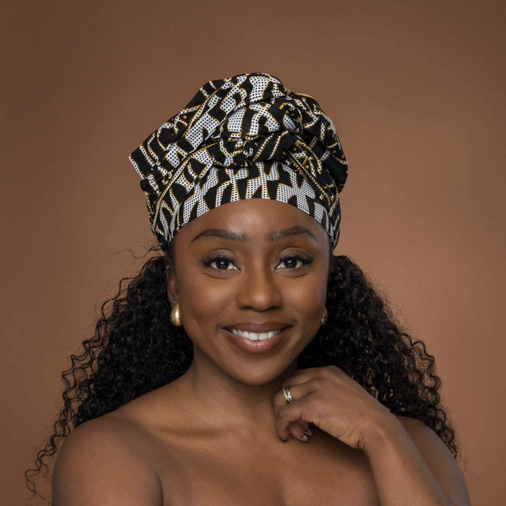 Afrikaanse hoofddoek Zwart Wit Ndop Cameroon - headwrap