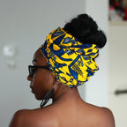 Afrikaanse hoofddoek / Vlisco headwrap - Geel / Blauwe leaftrail