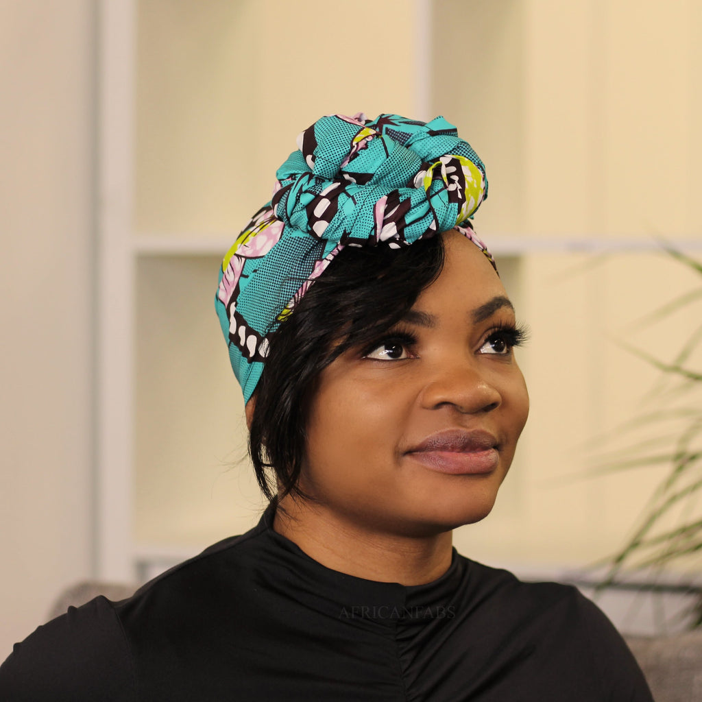 Afrikaanse hoofddoek / headwrap - Turquoise roze bloemen