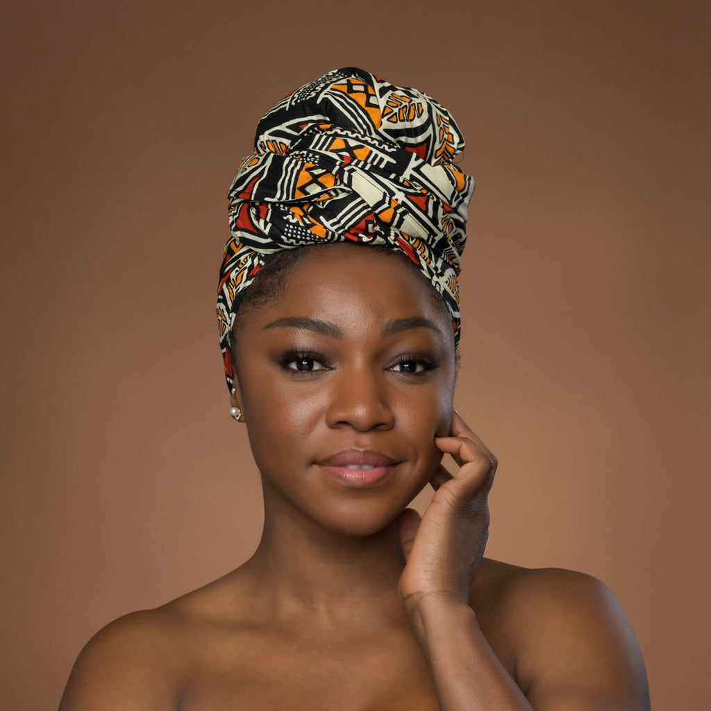 Afrikaanse hoofddoek Rood Oranje Bogolan Symbols - headwrap