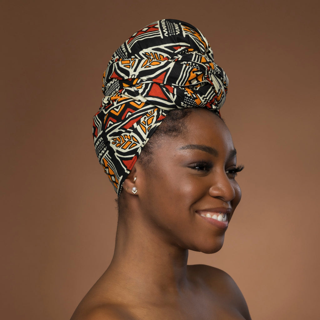 Afrikaanse hoofddoek Rood Oranje Bogolan Symbols - headwrap