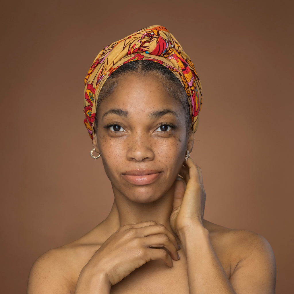 Afrikaanse hoofddoek Beige Oranje Botanical Flow - headwrap
