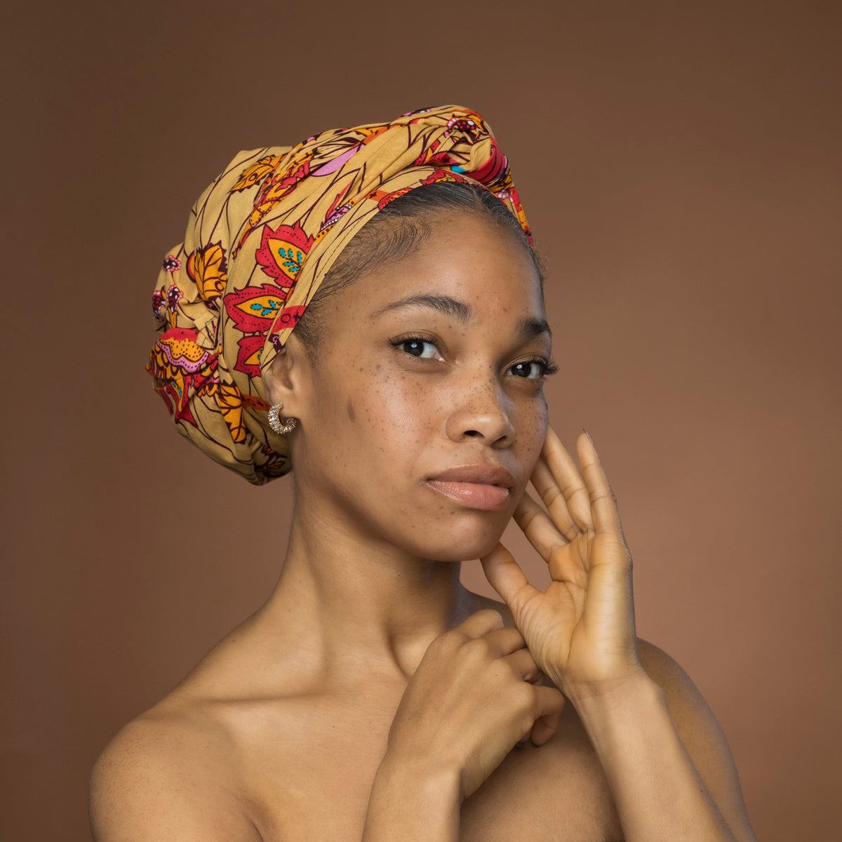 Afrikaanse hoofddoek Beige Oranje Botanical Flow - headwrap