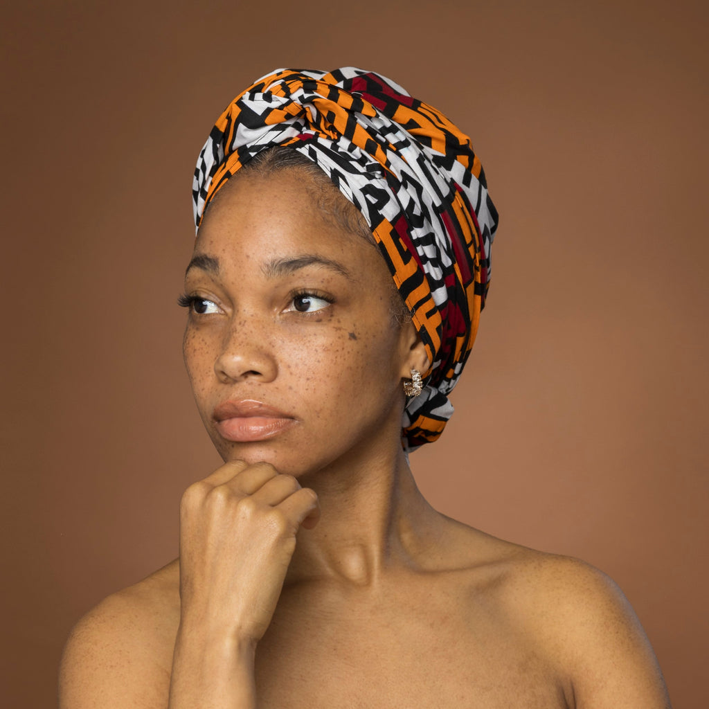 Afrikaanse hoofddoek KastanjeBruin Geel Kuba Blocks Congo - headwrap