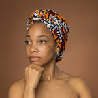 Afrikaanse hoofddoek KastanjeBruin Geel Kuba Blocks Congo - headwrap