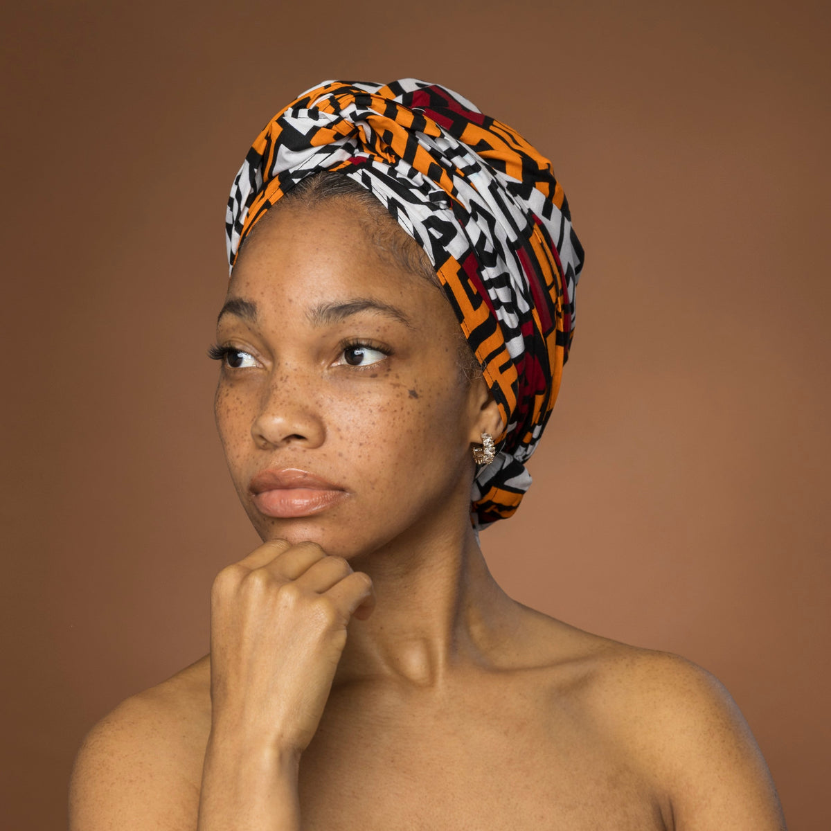 Afrikaanse hoofddoek KastanjeBruin Geel Kuba Blocks Congo - headwrap