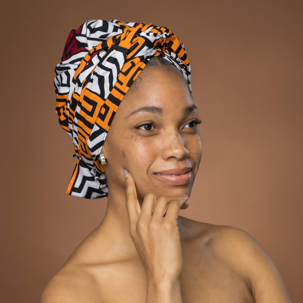 Afrikaanse hoofddoek KastanjeBruin Geel Kuba Blocks Congo - headwrap