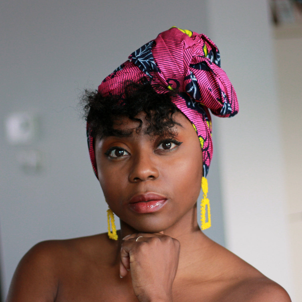Afrikaanse hoofddoek / Vlisco headwrap - Roze / gele flower trail