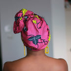 Afrikaanse hoofddoek / Vlisco headwrap - Roze / gele flower trail