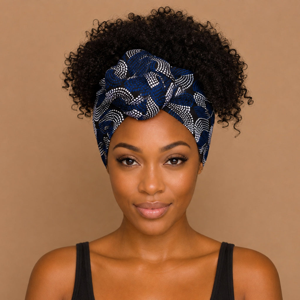 Afrikaanse hoofddoek Blauw Wit Wave Patterns - headwrap