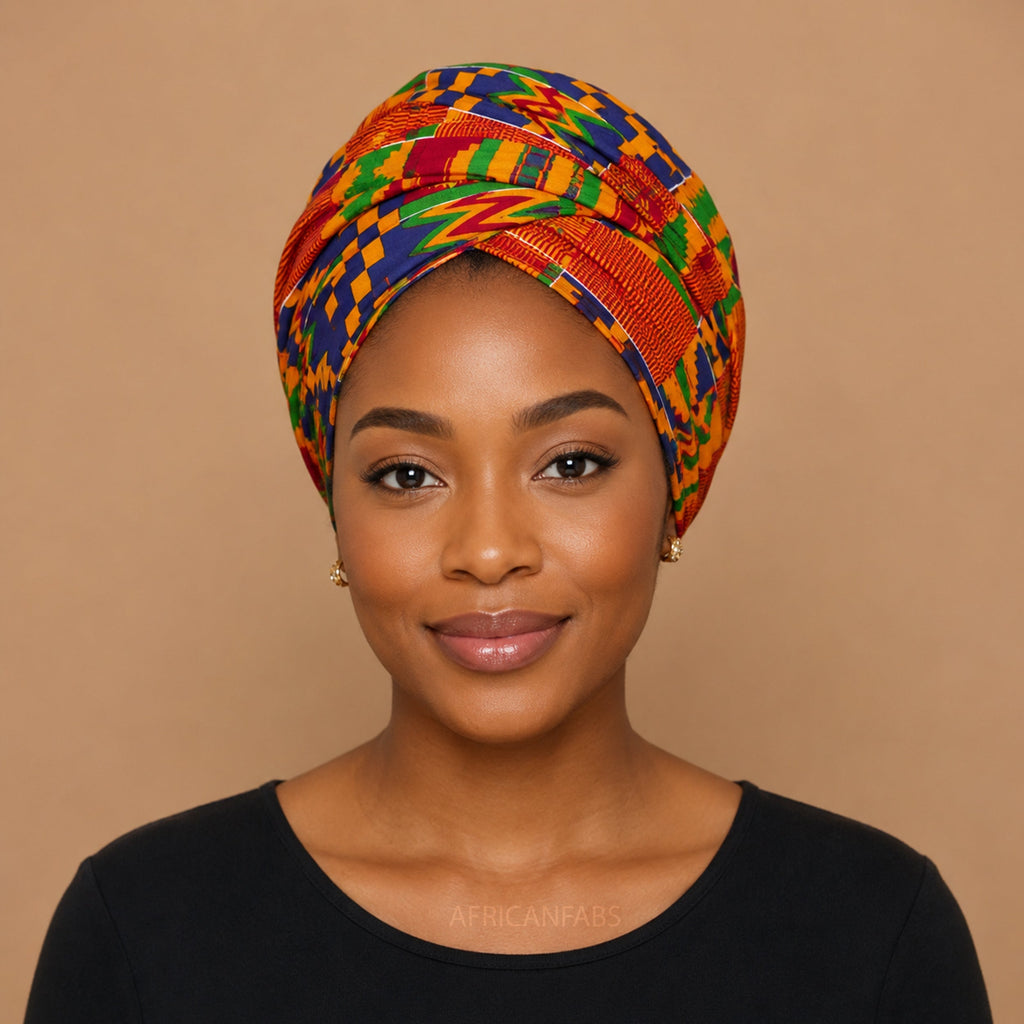 Afrikaanse hoofddoek Geel Blauw Kente Print Ghana - headwrap