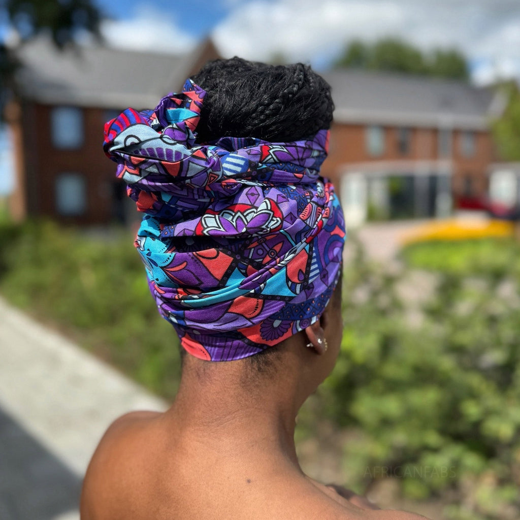 Afrikaanse Paars & Lichtblauw Mandala Patchwork hoofddoek - headwrap