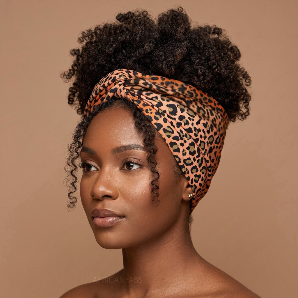 Afrikaanse hoofddoek Oranje Beige Leopard Spots - headwrap