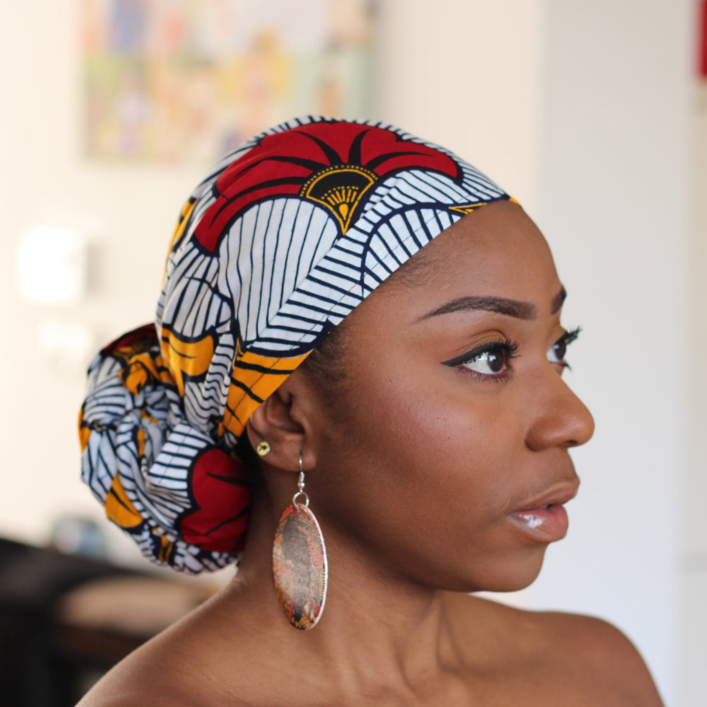 Afrikaanse hoofddoek / Vlisco headwrap - Wit / rode / gele trouwbloemen