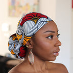 Afrikaanse hoofddoek / Vlisco headwrap - Wit / rode / gele trouwbloemen