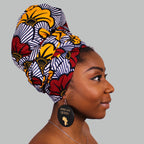 Afrikaanse hoofddoek / Vlisco headwrap - Wit / rode / gele trouwbloemen