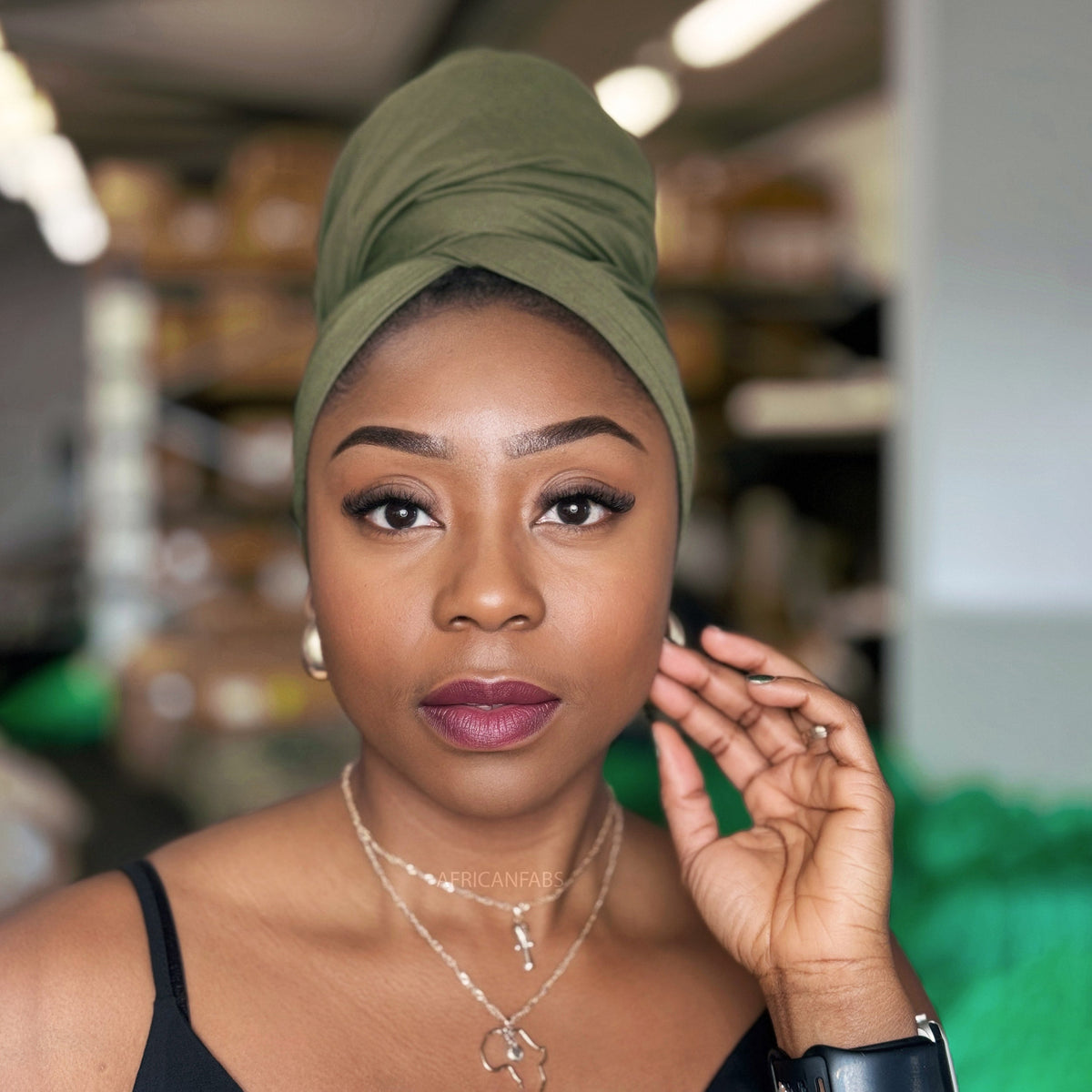 Legergroen hoofddoek - Headwrap van stretchy Jersey stof