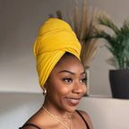 Ochre geel hoofddoek - Headwrap van stretchy Jersey stof