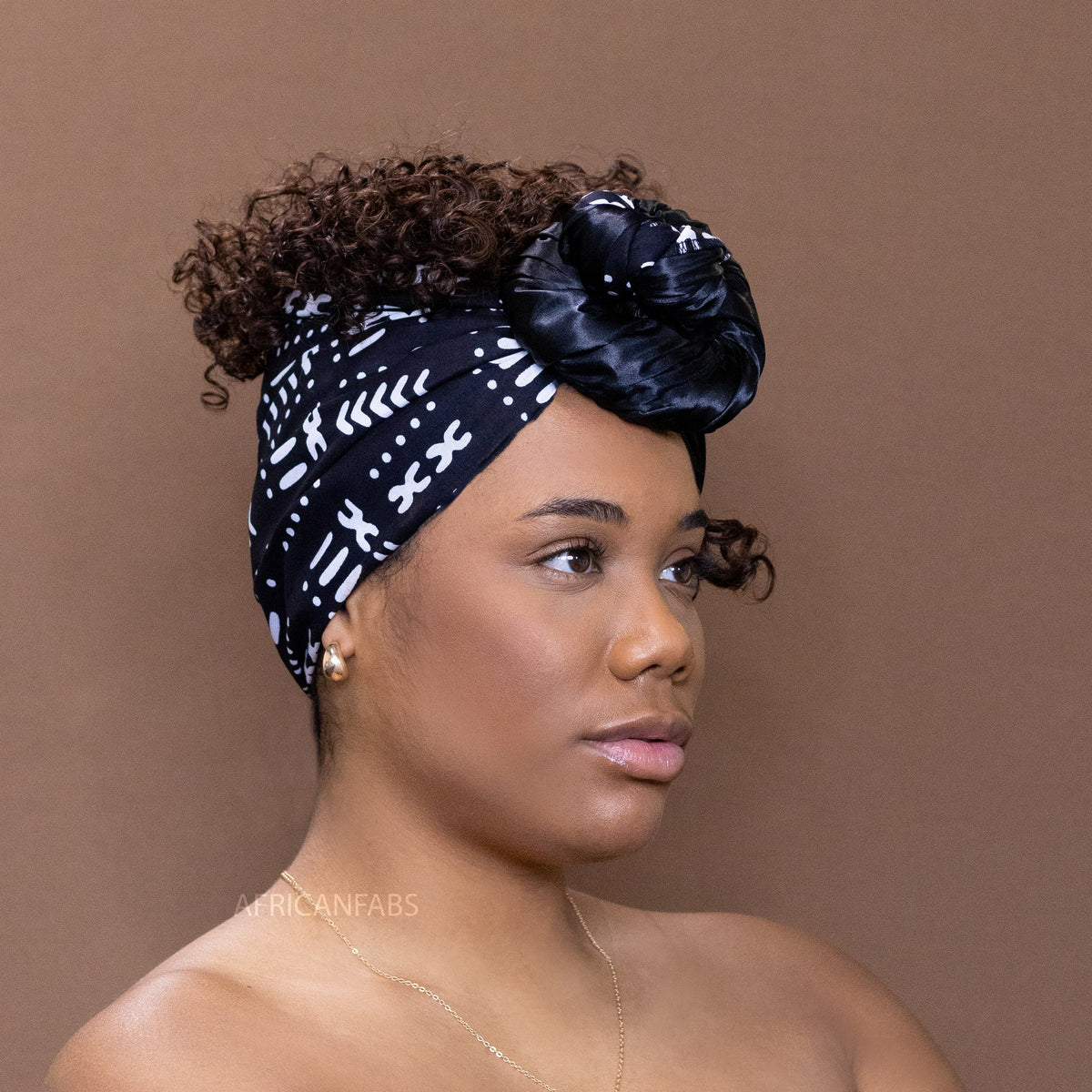Afrikaanse Zwart / witte Satin Lined Bogolan hoofddoek - Mud cloth headwrap