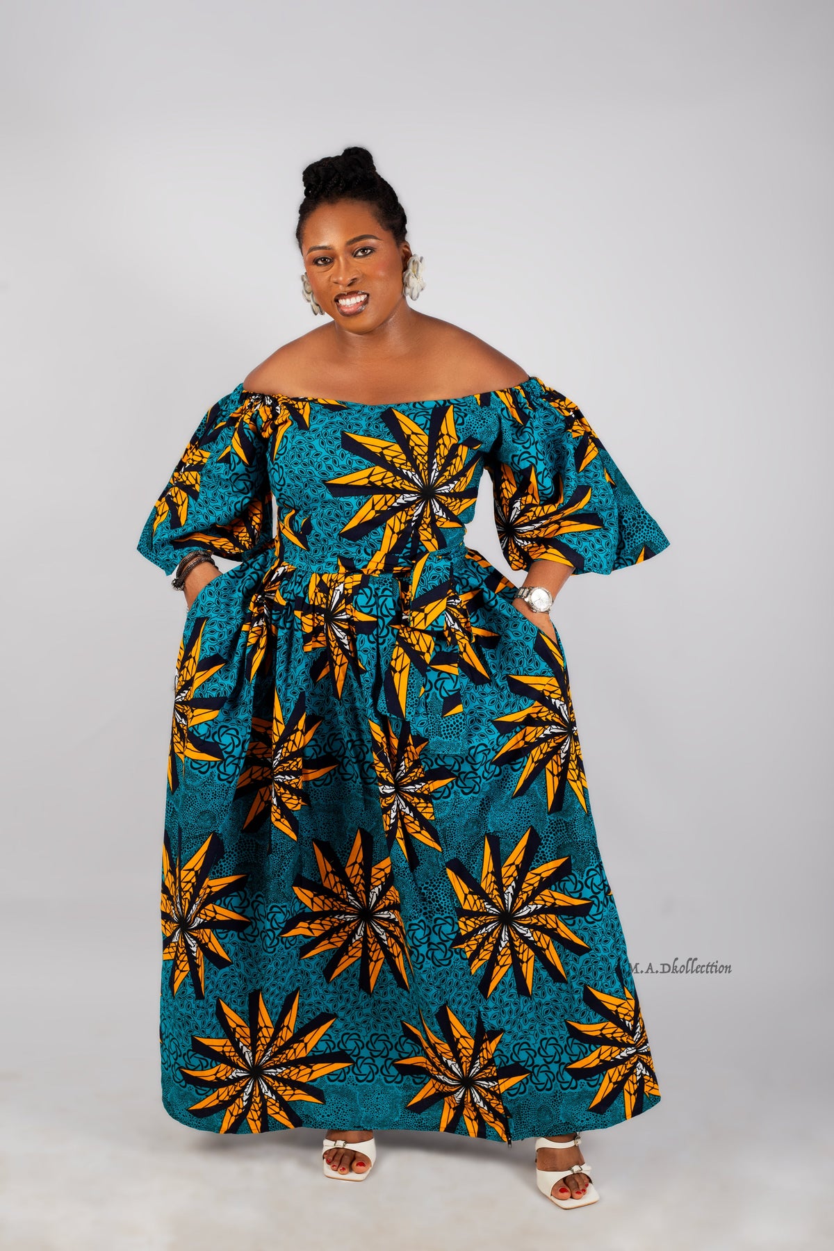 Cleo Ankara Off Shoulder Maxi Dress | Green and Yellow African Print