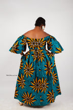 Cleo Ankara Off Shoulder Maxi Dress | Green and Yellow African Print