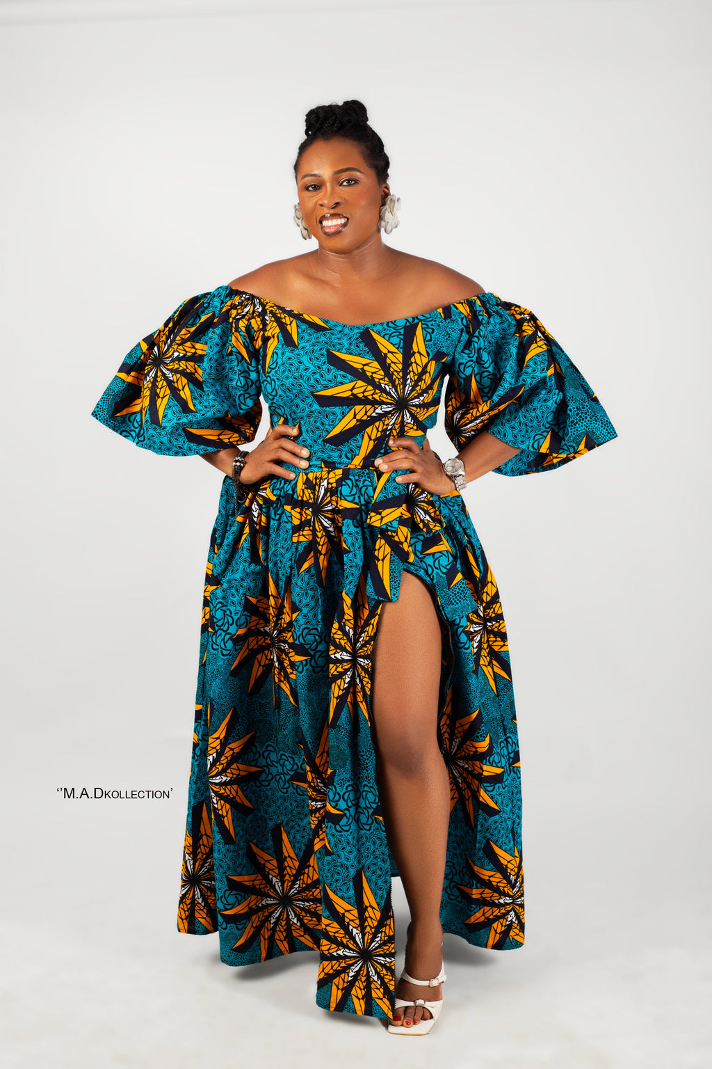 Cleo Ankara Off Shoulder Maxi Dress | Green and Yellow African Print