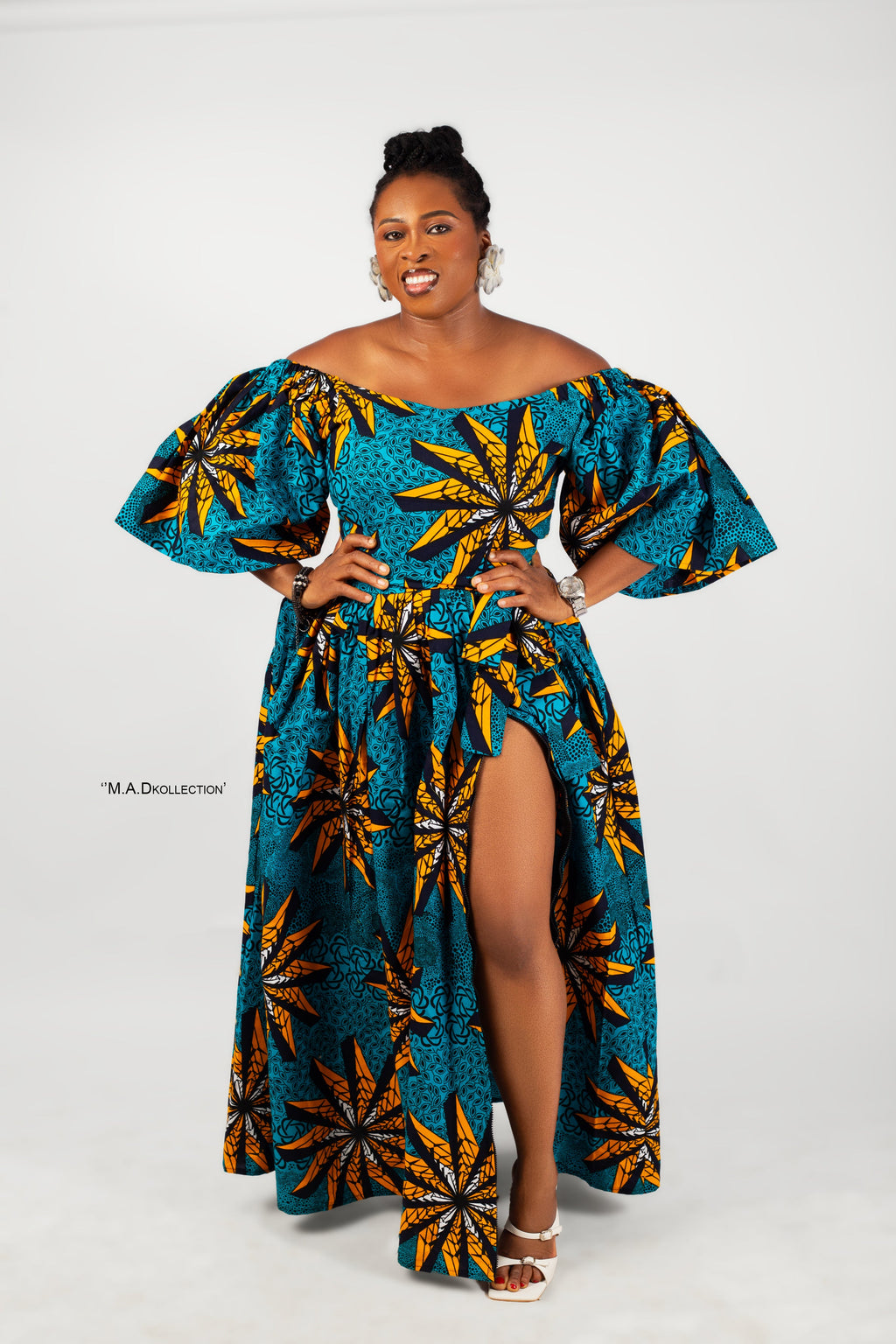 Cleo Ankara Off Shoulder Maxi Dress | Green and Yellow African Print